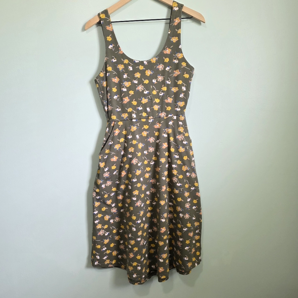 Pact Women's Sleevels Fit & Flare Green Floral Dress, Summer Casual Cotton